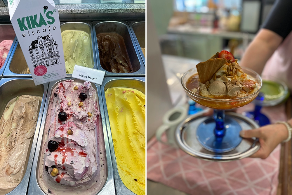 Eisbecher mit Schoko-, Mandel- und Buttermilch-Waldfrucht-Eis vor der Eistheke von KIKA’s Eiscafe in Essen-Werden, Ruhrgebiet