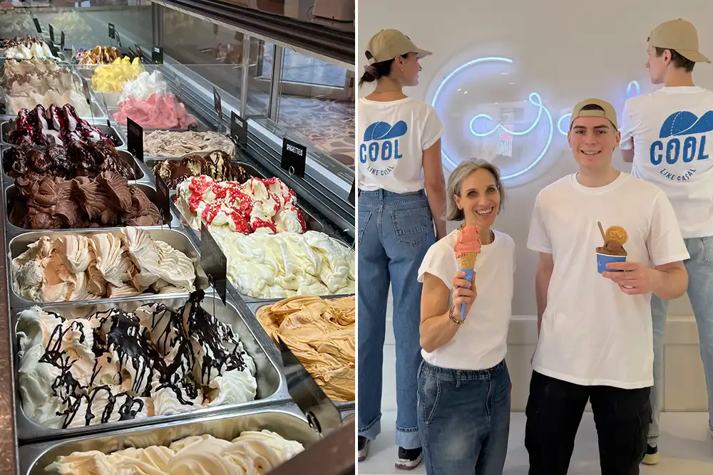 Ein Paar hält Eiswaffeln mit Pfirsich- und Schokoeis vor zwei Personen in Fan-Shirts bei Eis Casal in Essen-Frohnhausen, Ruhrgebiet