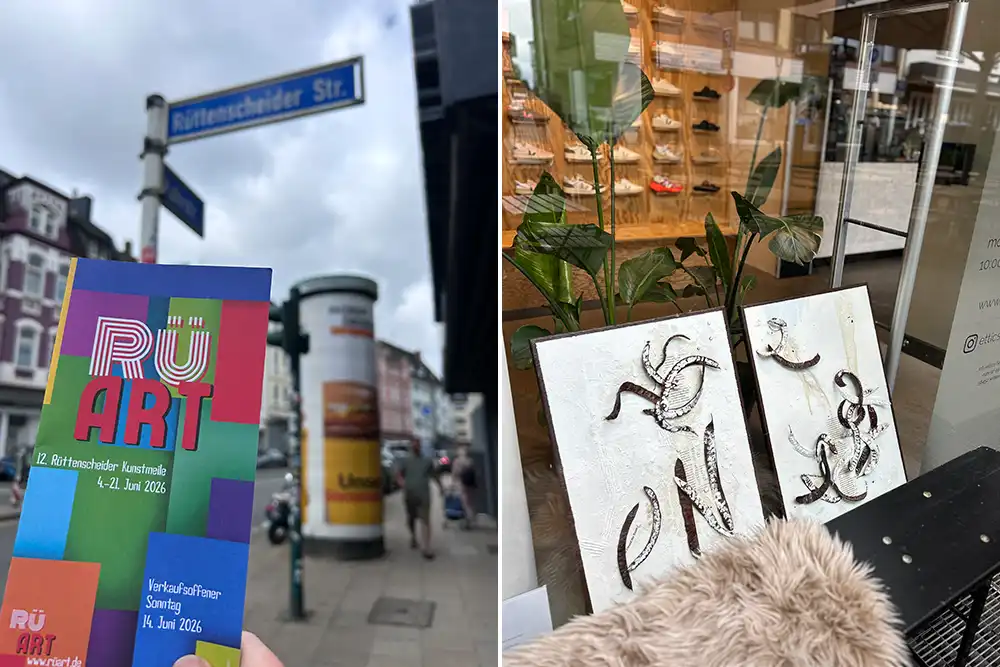 Print out der Rü Art Kunstmeile vor einem Straßenschild in Essen Rüttenscheid und ausgestellte Kunstwerke in einem Schaufenster.