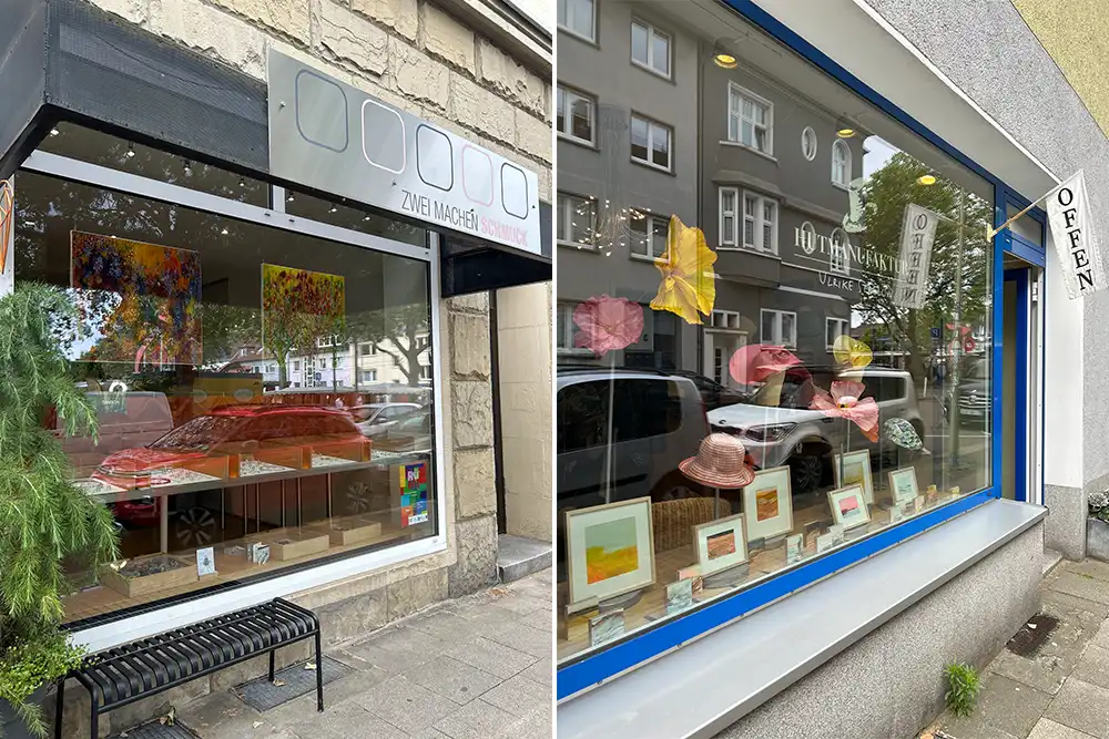 Rü Art Kunstmeile Essen: Schaufenster von „Zwei machen Schmuck“ und der „Hutmanufaktur“ mit ausgestellter Kunst. 12. Rüttenscheider Kunstmeile.
