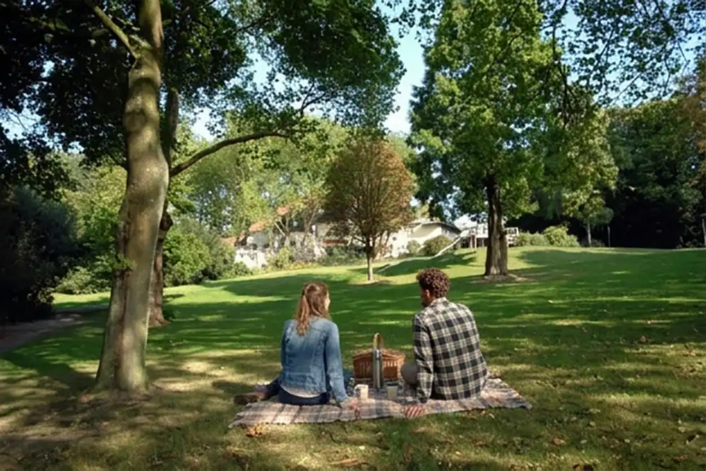 Zwei Personen sitzen von hinten auf einer Picknickdecke im Stadtgarten Essen-Steele.
