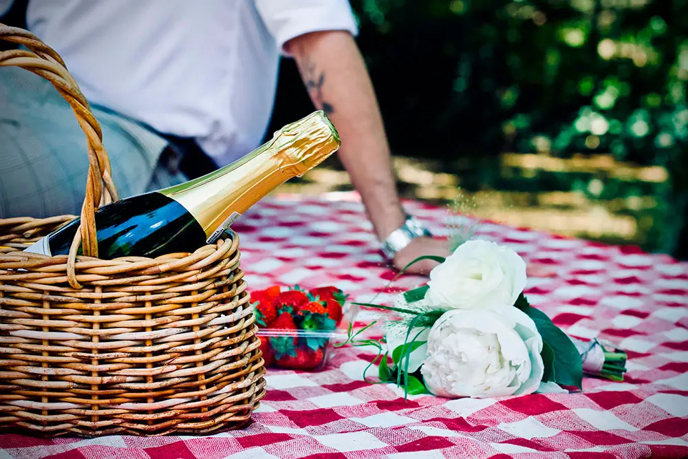 Ein gefüllter Picknickkorb mit einer Sektflasche, Erdbeeren und Blumen auf einer karierten Decke im Schlosspark Borbeck, im Hintergrund sitzt eine Person.