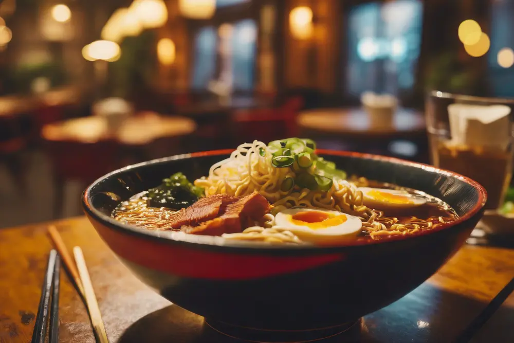 Dampfende japanische Ramen-Schüssel mit Ei und Fleischstreifen auf einem Holztisch im gemütlichen Hashimizu Restaurant in Essen.