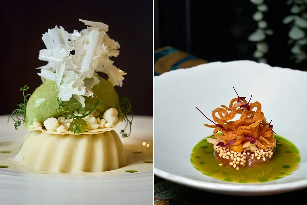 Südamerikanisch-deutsche Fusionsküche im Restaurant Teko in Essen-Rüttenscheid: Ein kreatives Dessert und eine avantgardistische Vorspeise auf weißen Tellern.