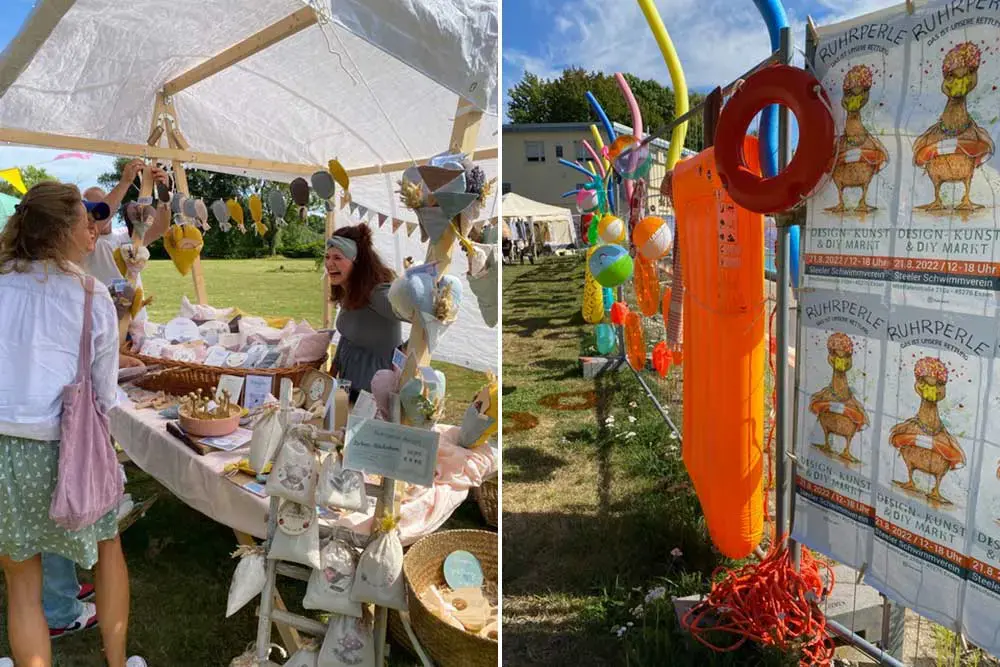 Verkaufsstand mit Handgemachtem und Plakate beim Ruhrperle Design-, Kunst- & DIY-Markt im Steeler Stadtgarten.