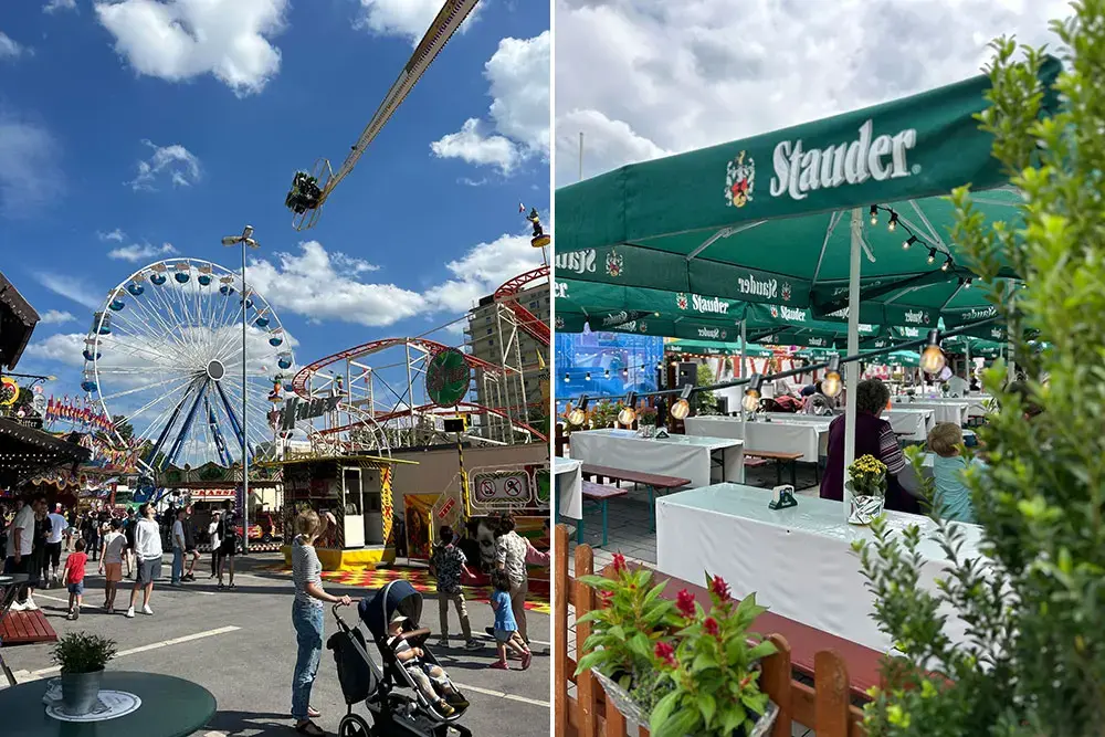 Fahrgeschäfte wie Riesenrad und Achterbahn sowie ein gemütlicher Stauder-Biergarten auf dem Sommerfest an der Grugahalle.