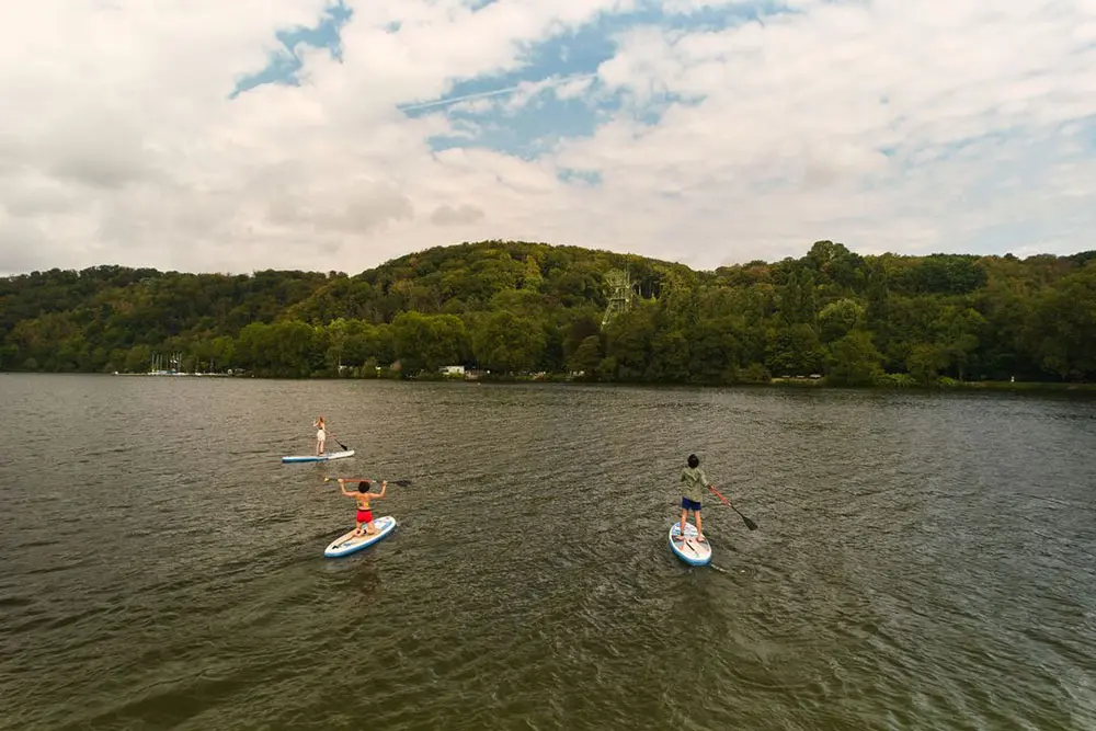 Drei Personen auf Stand-up-Paddling-Boards paddeln auf dem Baldeneysee nahe der Brehminsel in Essen-Werden vor einer bewaldeten Hügelkulisse.