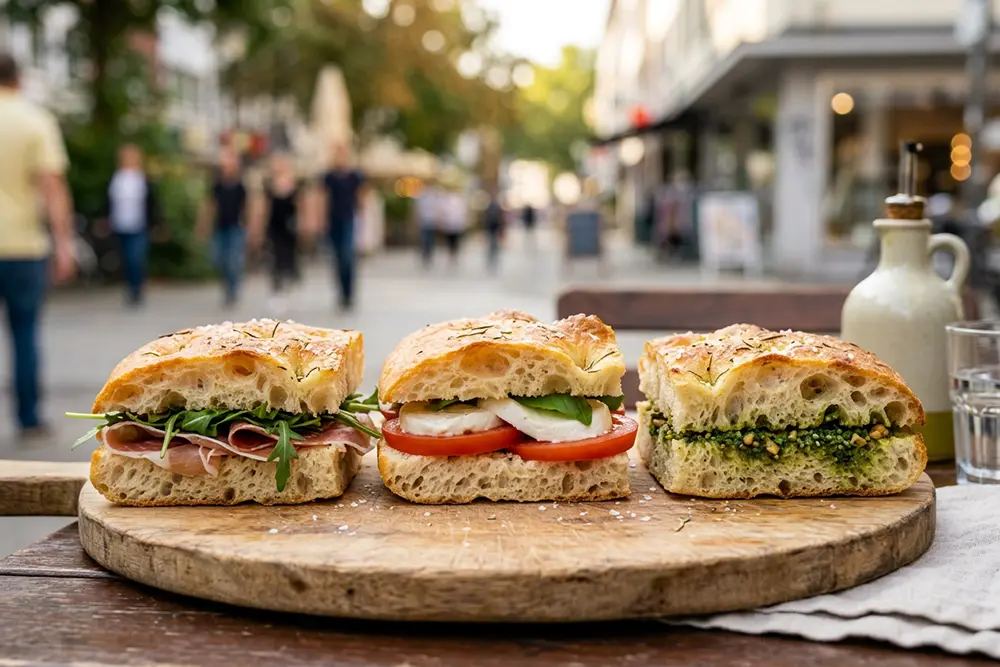 Drei frisch belegte Focaccia Sandwiches auf einem Holzbrett bei Nonna Maria auf der Rüttenscheider Straße in Essen.