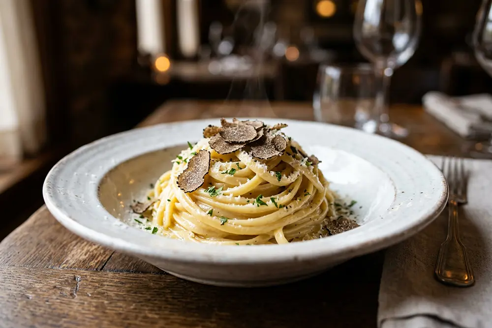 Dampfende Trüffel-Pasta mit frisch gehobelten schwarzen Trüffelscheiben und Parmesan auf einem rustikalen Holztisch im Ristorante Rosario.