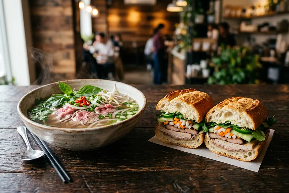 Traditionelles vietnamesisches Streetfood im Cà Phê mit einer dampfenden Pho Suppe und frisch belegtem Bánh Mì Sandwich auf einem Holztisch.