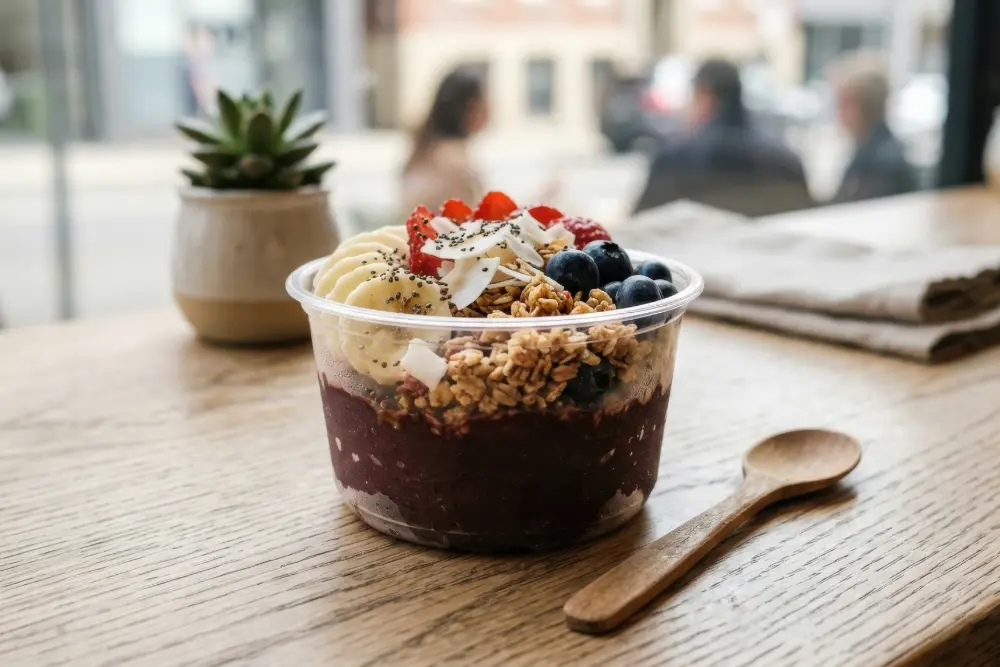 Frische Açaí Bowl als gesundes Frühstücksangebot am Fensterplatz des modernen dayli Cafés in Essen.