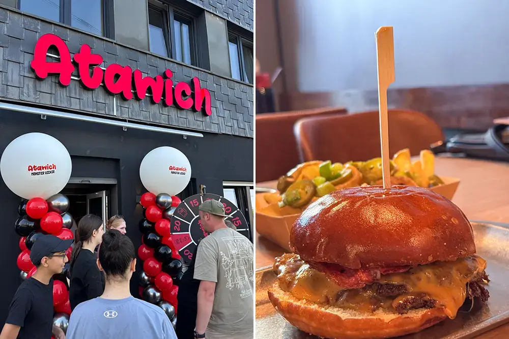 Collage aus der Neueröffnung des Atawich Restaurants mit Gästen am Eingang und einer Nahaufnahme eines saftigen Burgers mit geschmolzenem Käse.