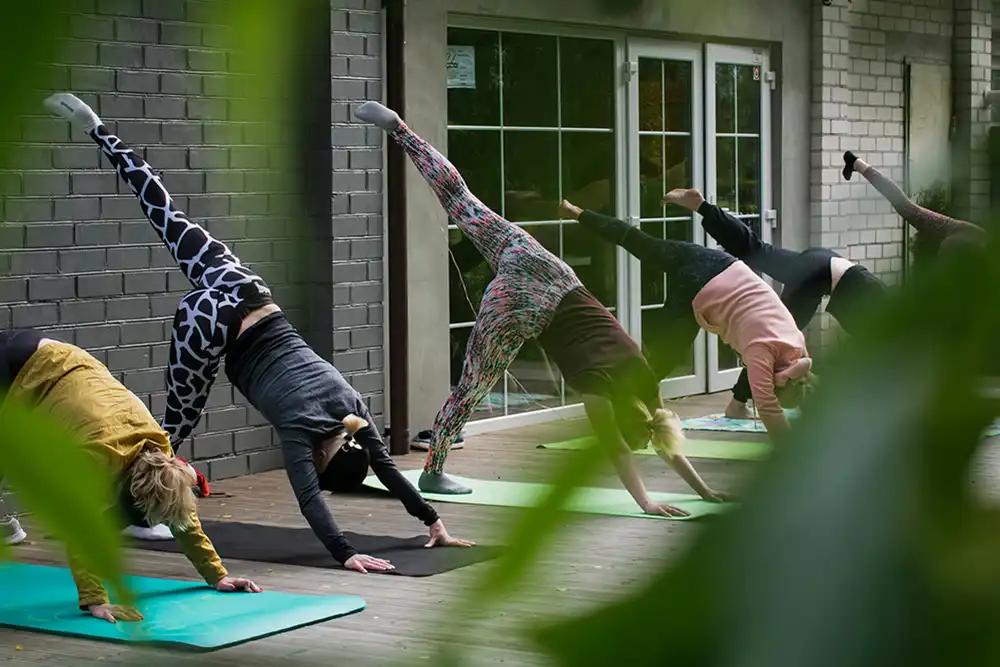 Junge Leute praktizieren Yoga Übung auf der Matte stehend auf einem Bein vor Backsteinwand, Mandala Yoga Studio, Essen-Steele