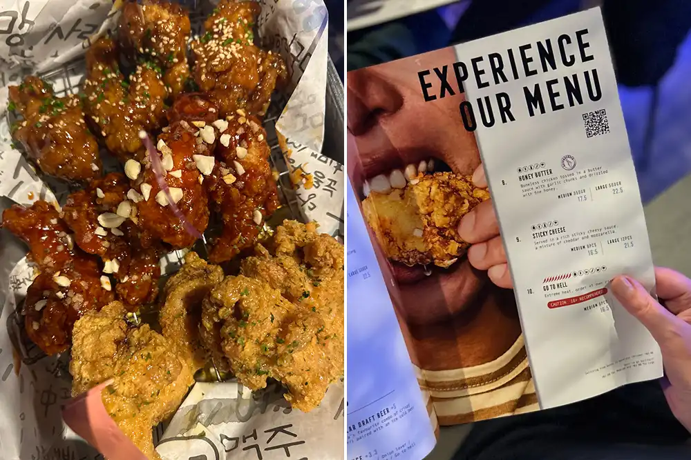 Speisekarte und knuspriges Korean Fried Chicken mit Sesam bei Sojubar Essen