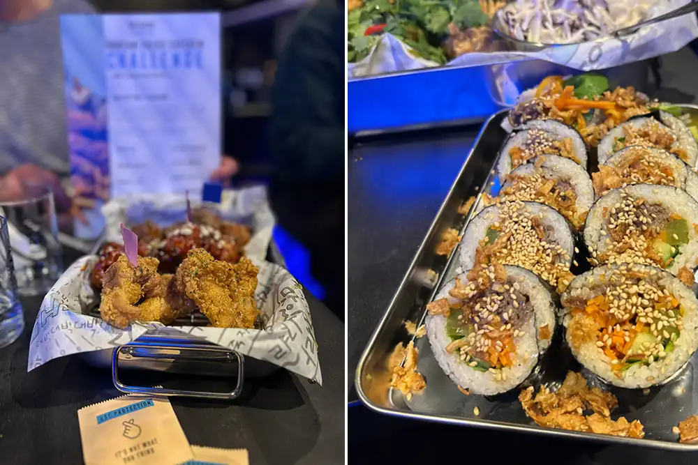 Koreanische Kimbap Rollen und Fried Chicken Streetfood, Sojubar Essen
