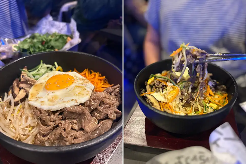 Traditionelles koreanisches Bibimbap mit Rindfleisch und Ei bei Sojubar Essen
