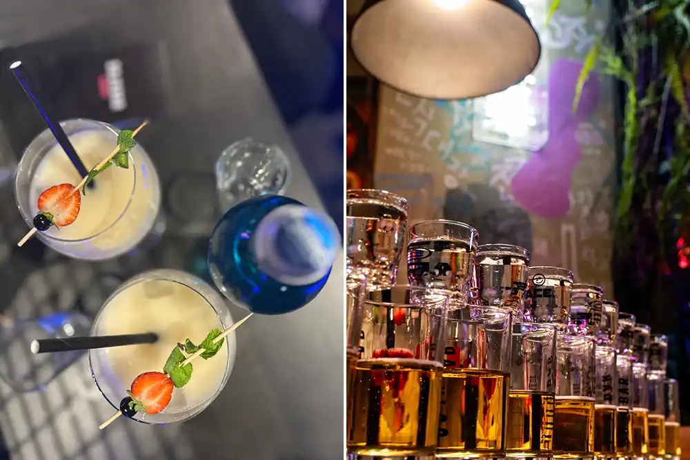 Soju Cocktails mit Erdbeeren und bunte Shots an der Bar in Essen, Sojubar