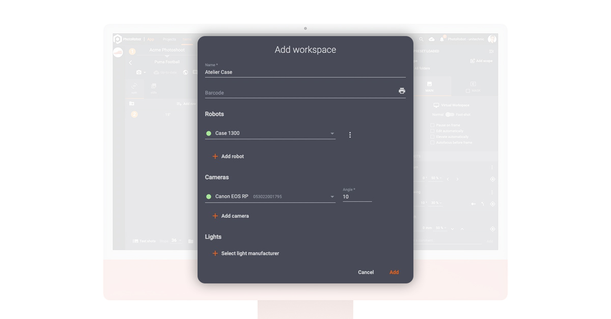 Workspace settings provide control over product photography robots, cameras, and lights