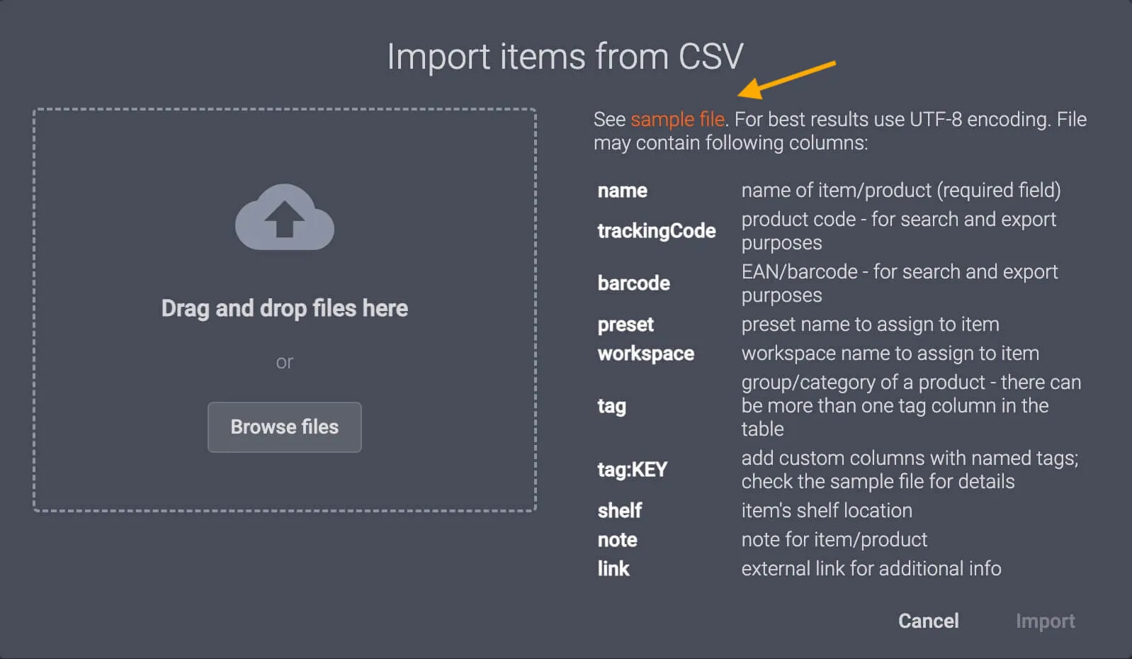 Το PhotoRobot Controls Software διαθέτει ένα δείγμα αρχείου CSV για λήψη απευθείας στην εφαρμογή.