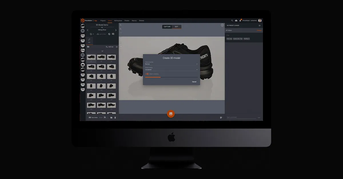 PhotoRobot používateľské rozhranie Vytvoriť 3D model.