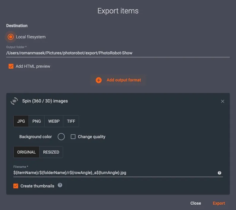 Zmena nastavení exportu snímok