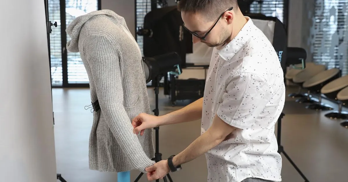 Fotògraf estilitzant la roba sobre maniquí.