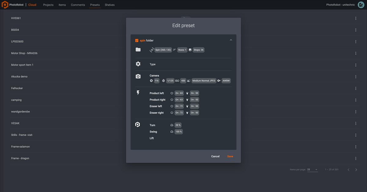 Integrated product photography software controls and settings