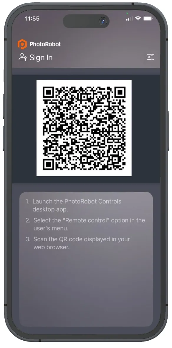 Logg på PhotoRobot iPhone-appen via QR-kode.