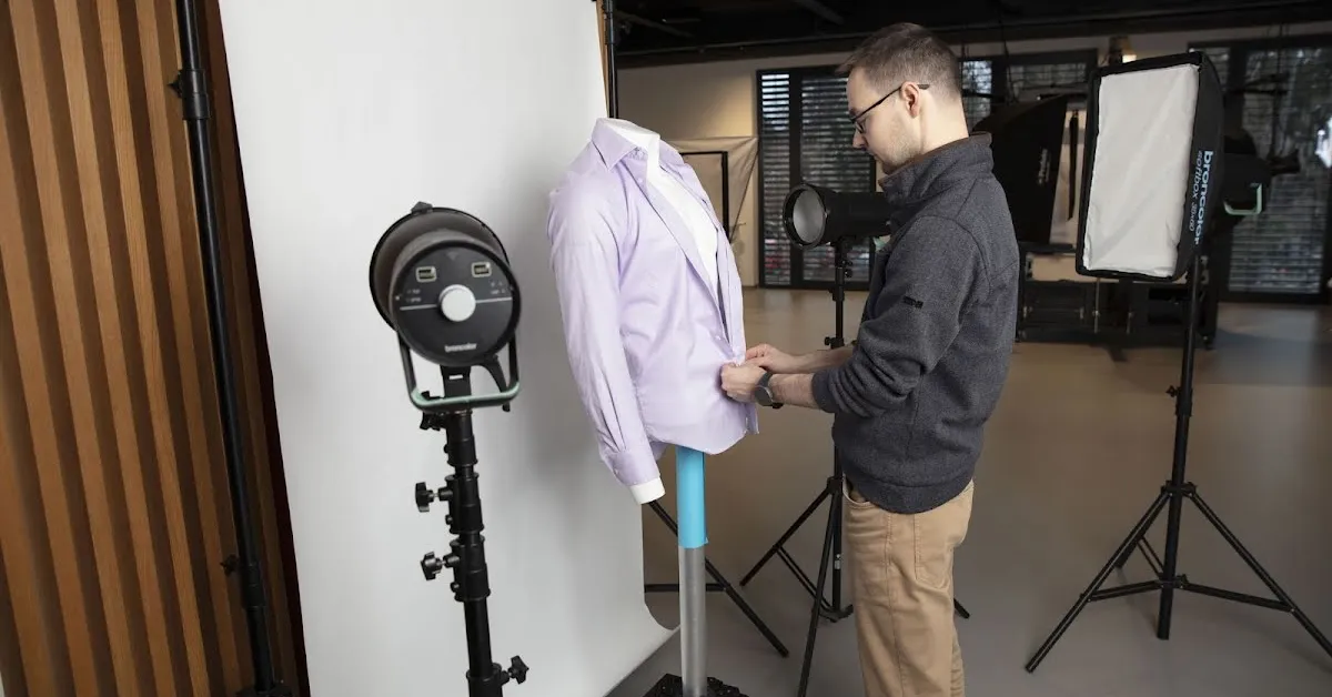 Veduta mill-bogħod tal-fotografu, studio, mannequin u qmis.