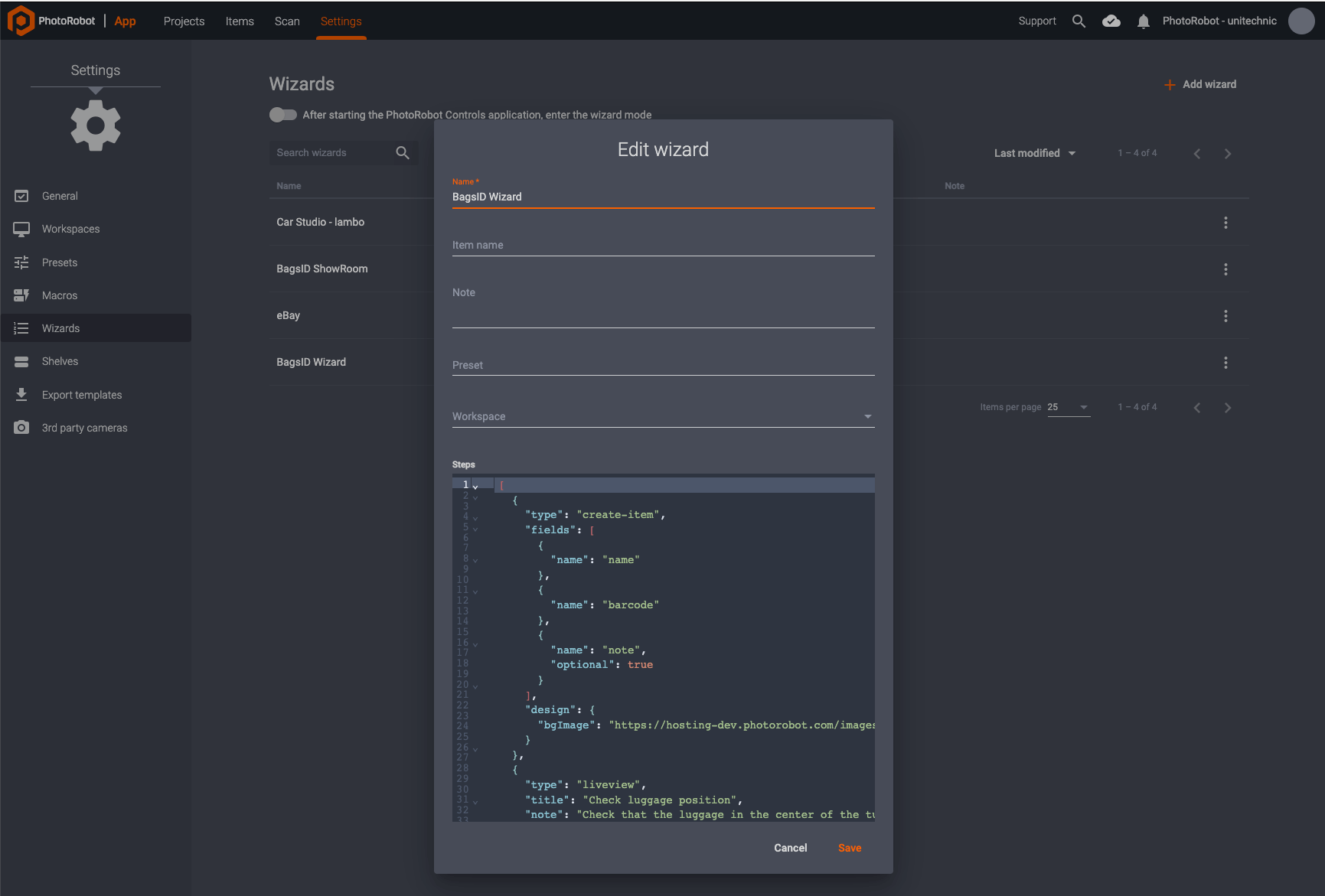 PhotoRobot Wizard editor user interface