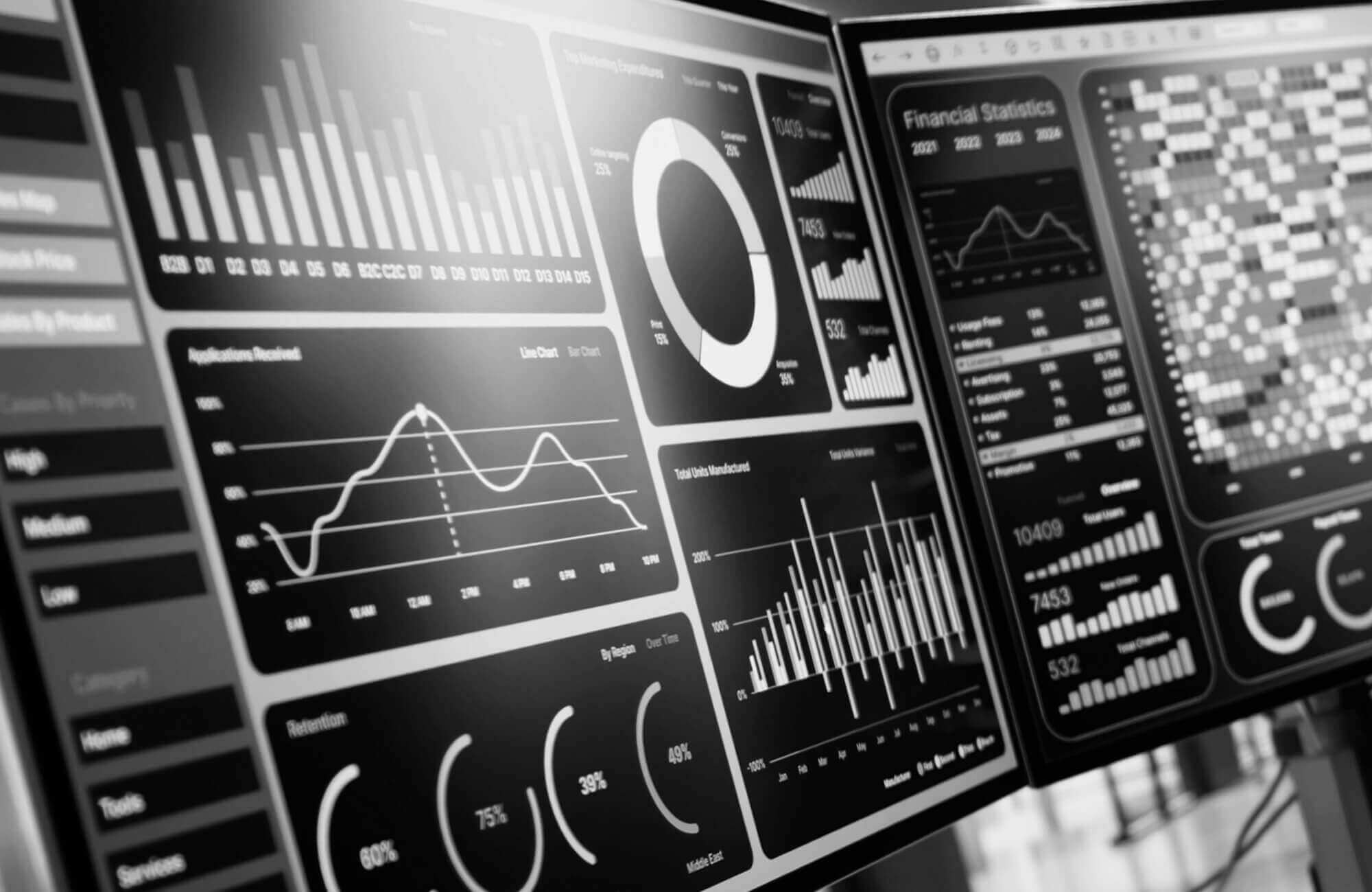 Close-up of computer screens displaying various financial and statistical charts including bar graphs, line charts, pie charts, and retention metrics.