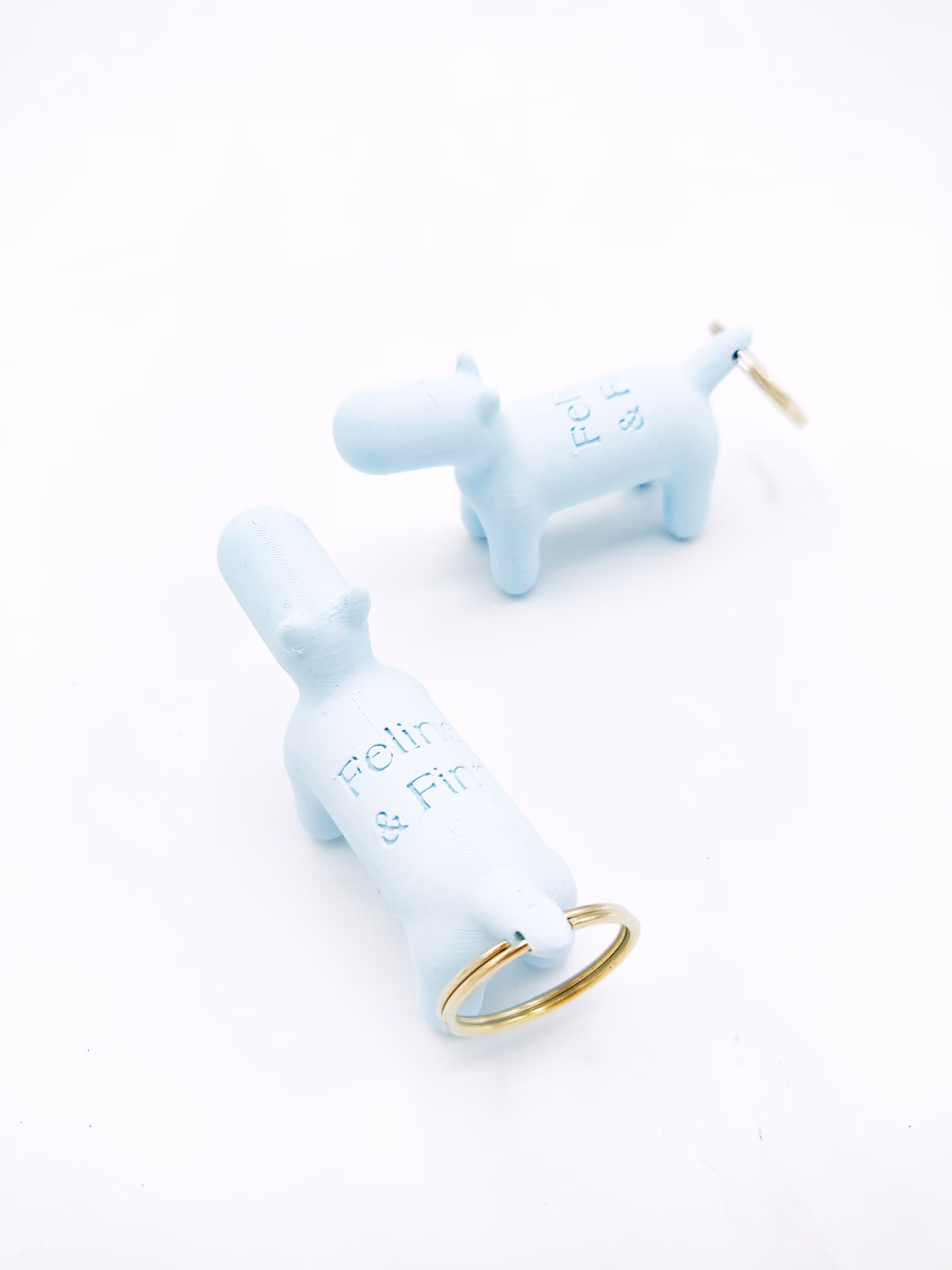 Pastel blauwe 3d geprinte sleutelhangers in de vorm van een hond. Geprint voor luxe dierenspeciaalzaak feline & finn.