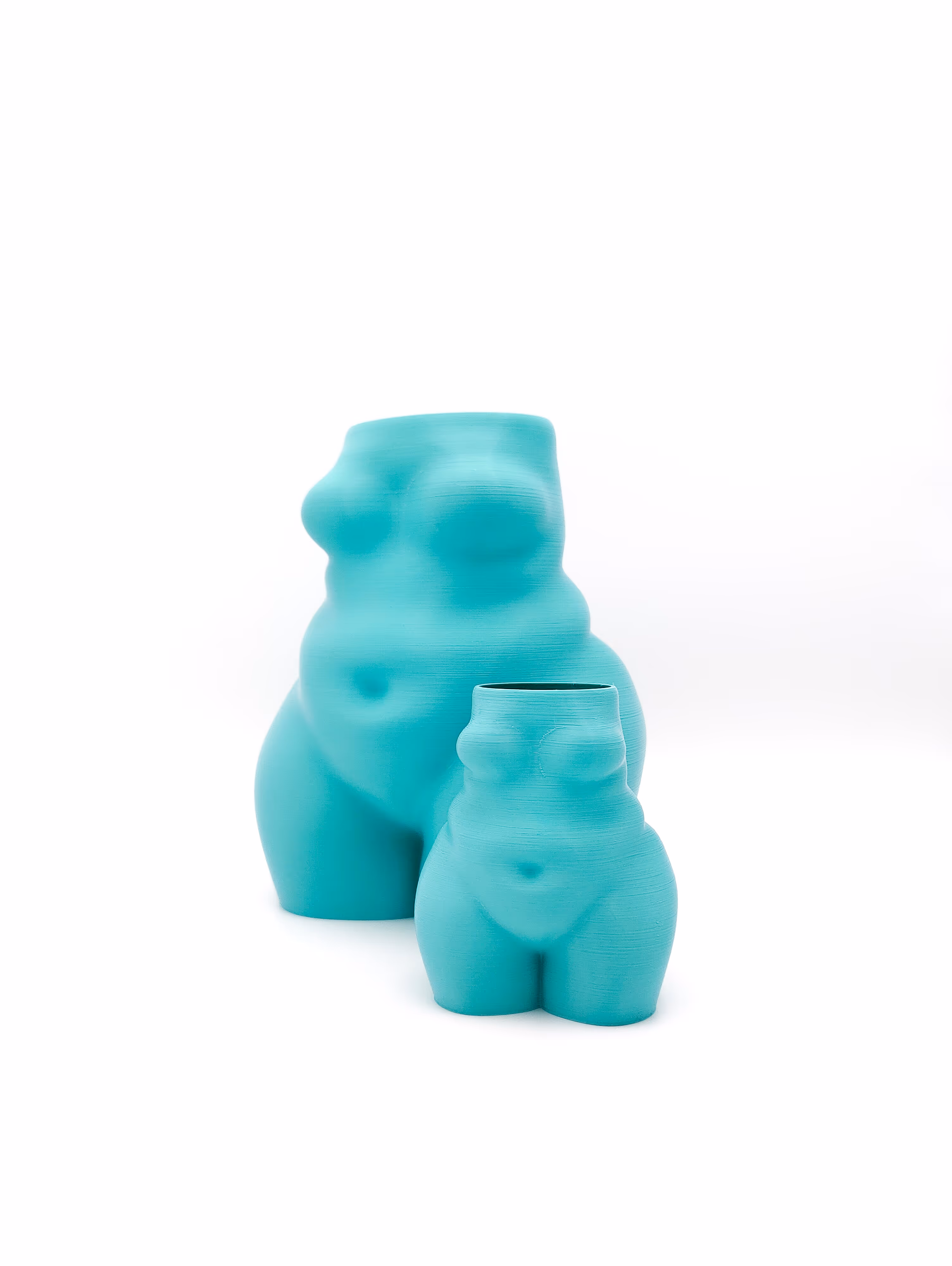 Schattig 3D geprint potje in de vorm van een vrouw, geprint in cyaan