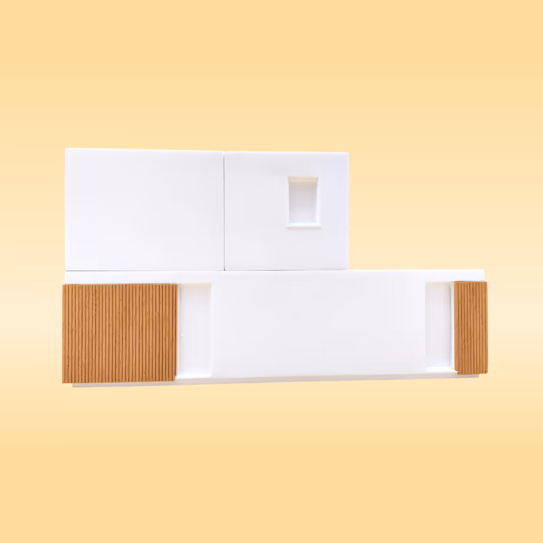 3D geprinte architectuur afgewerkt met houten fineerplaatjes