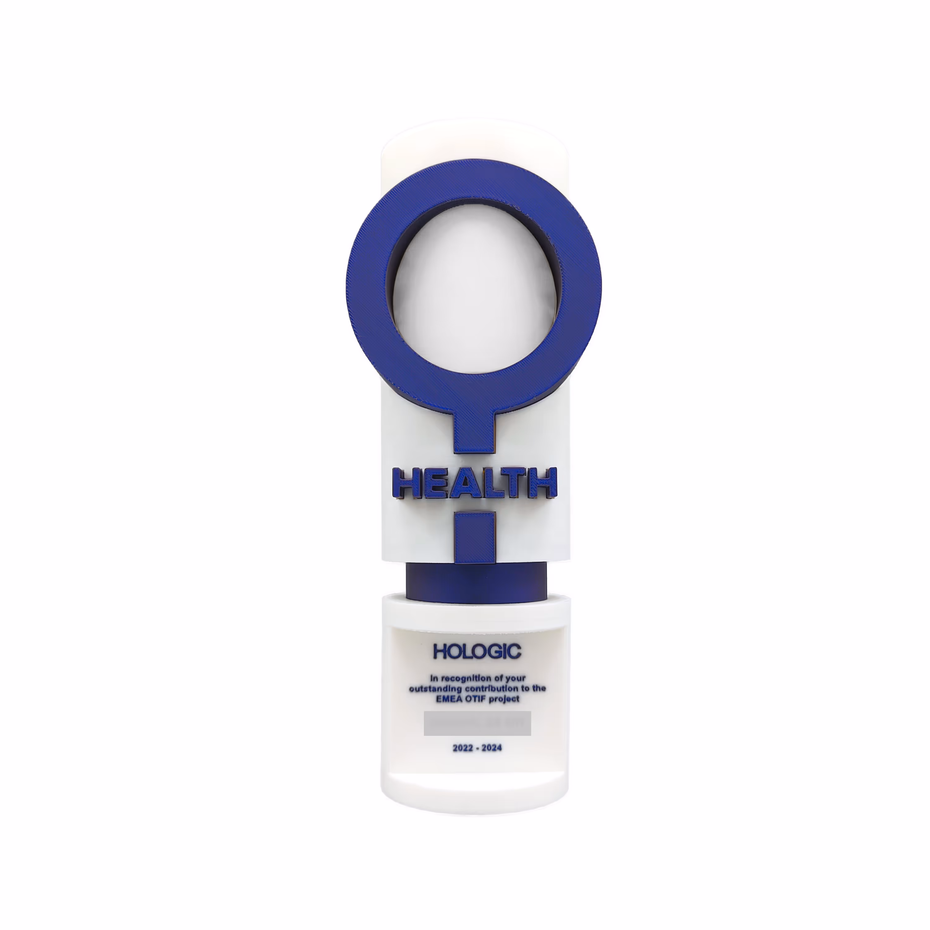 Cylindrische awards met satijn paarse letters voor farmaceutisch bedrijf HOLOGIC