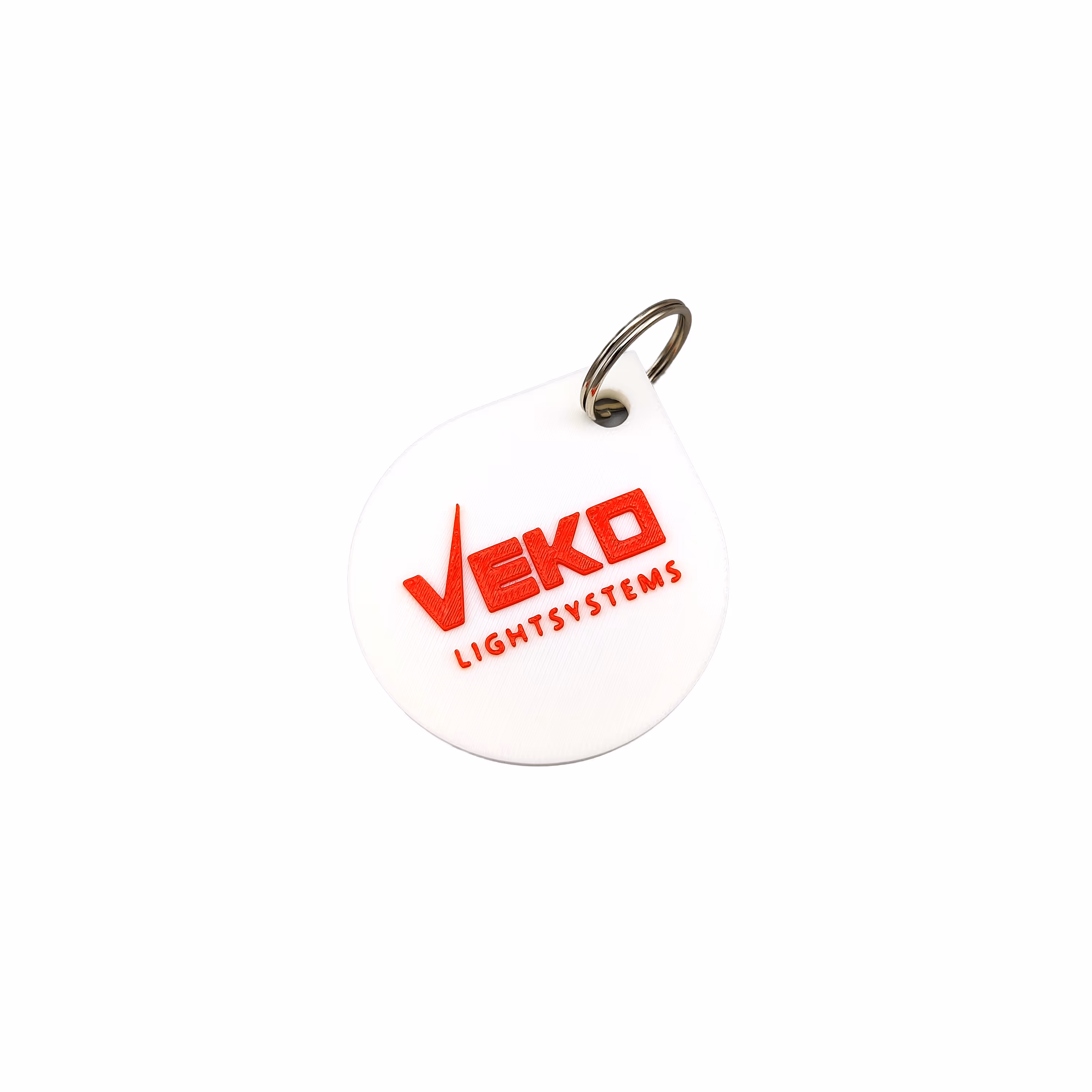 Op maat geprinte PLA-sleutelhangers met Veko-logo, uitgevoerd door Antistatic.