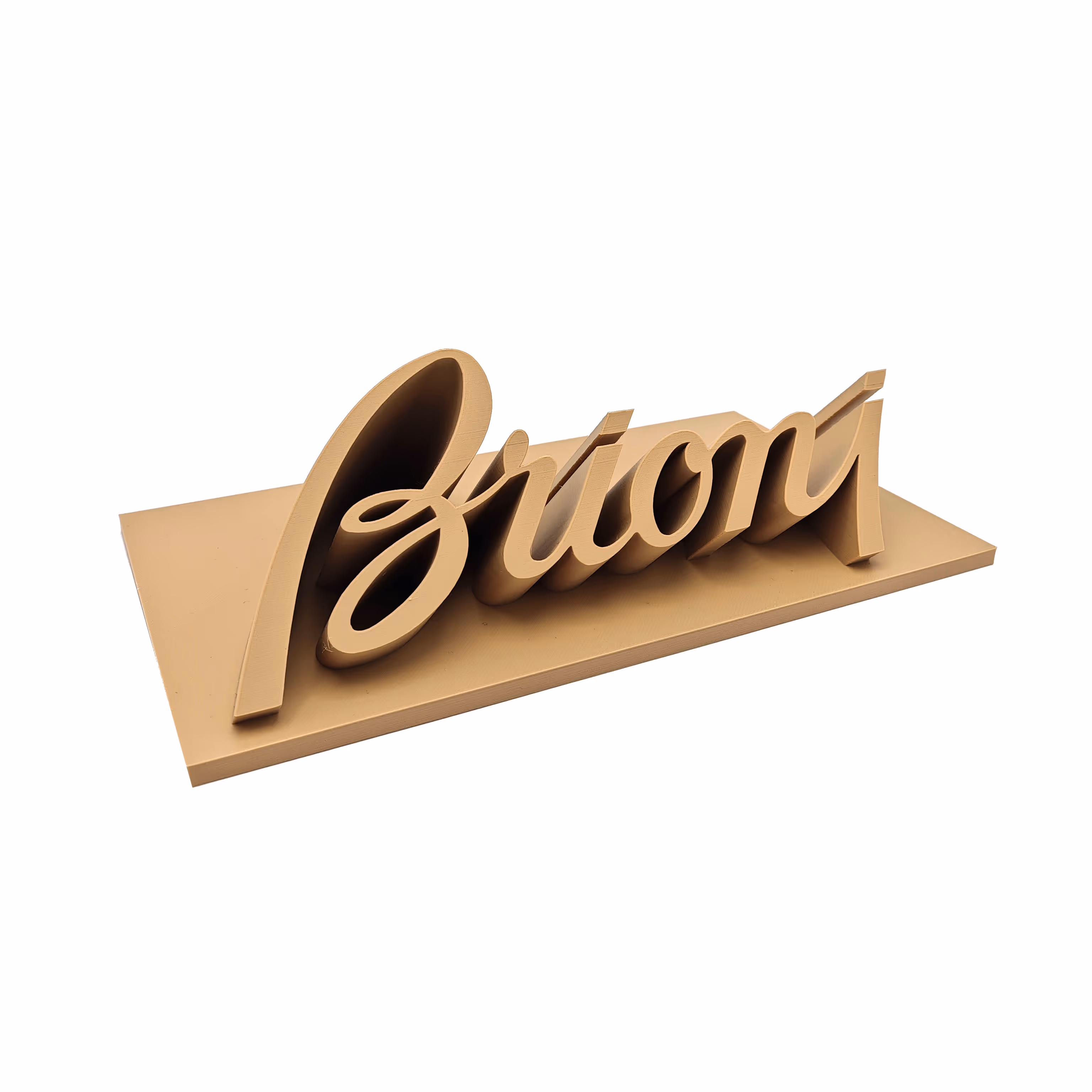 Close-up van een op maat 3D-geprinte display met merk-logo "Brioni" in reliëf voor kledingwinkel MERCKEN.