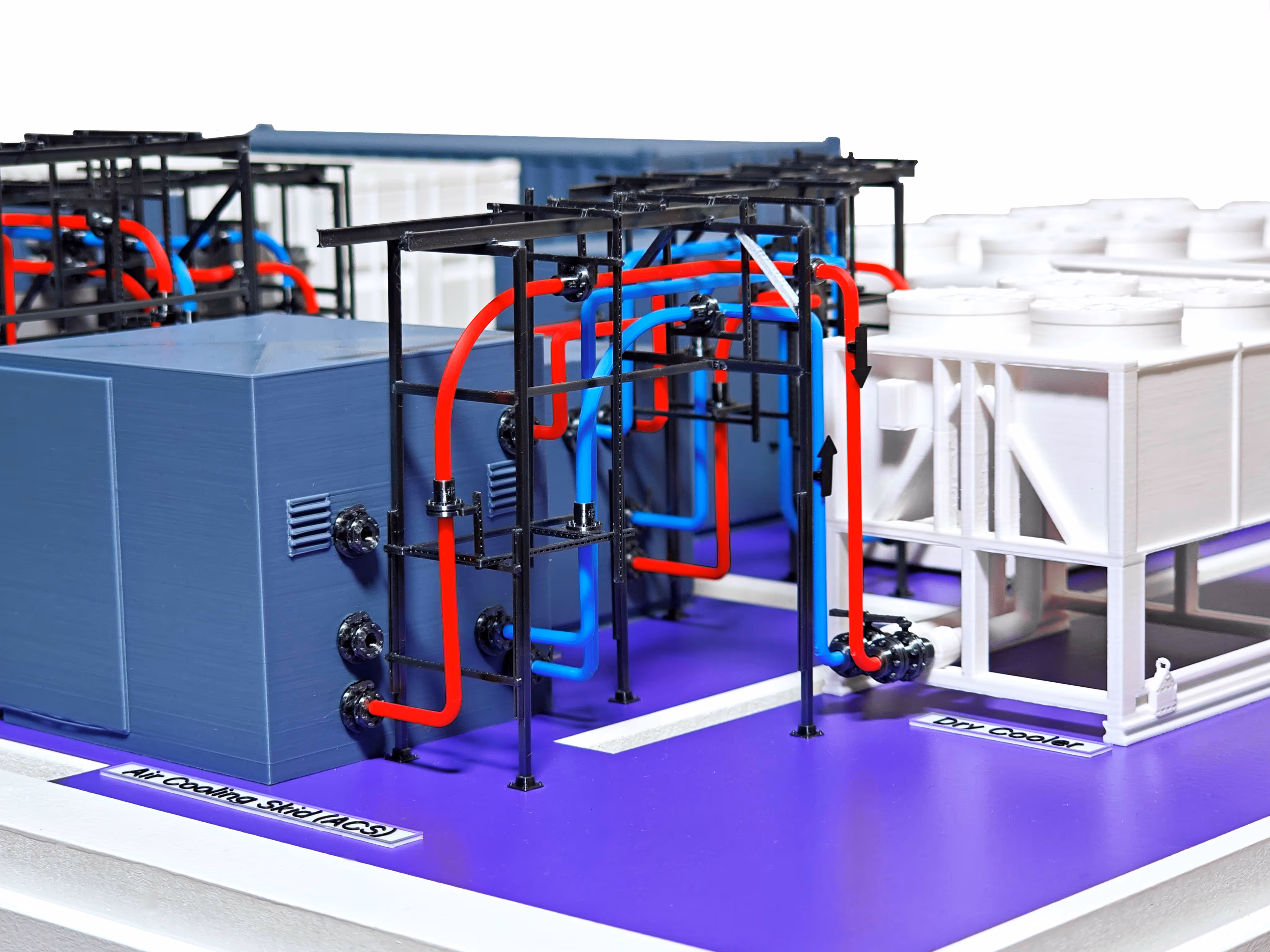 3d geprint framewerk met schematische weergave van de buizen, warme lucht wordt weergegeven in rode PLA, koude luchttoevoer in blauwe PLA