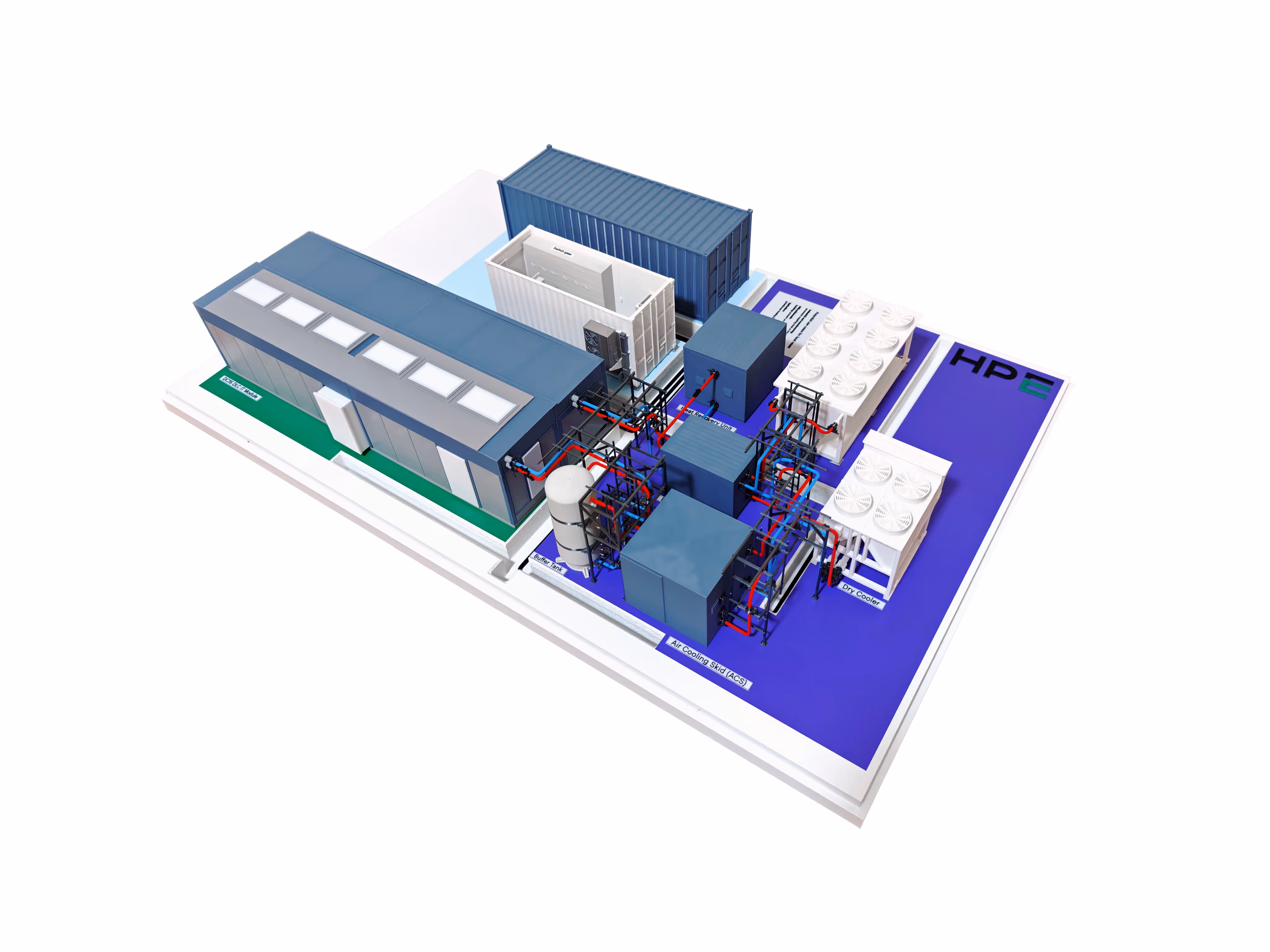 Schaalmodel van een AI data centrum in PLA met kleuraanduiding van de zones met vinyl