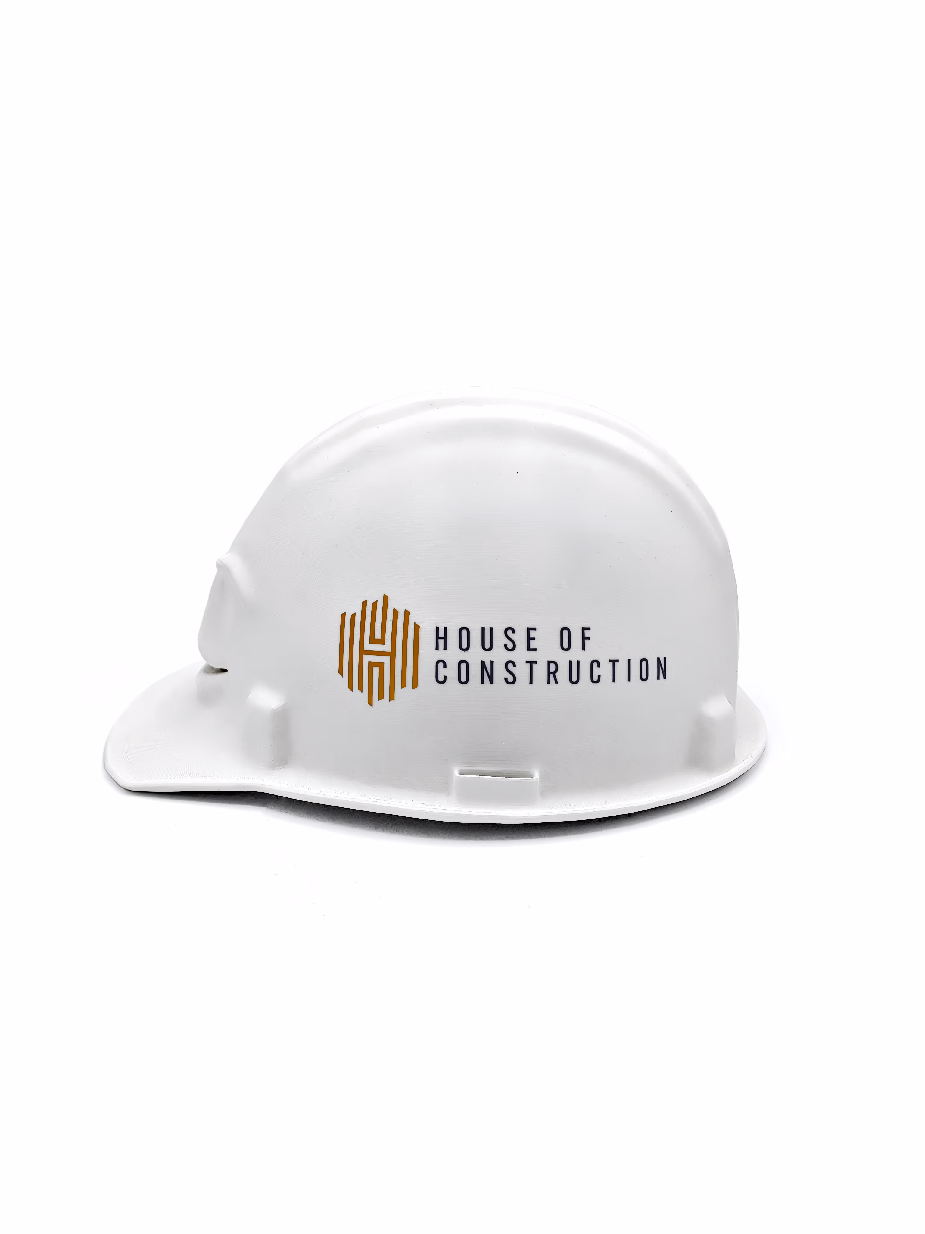 3d geprinte helm met vinyl logo van house of construction in glossy goud en blauw. gemaakt door antistatic