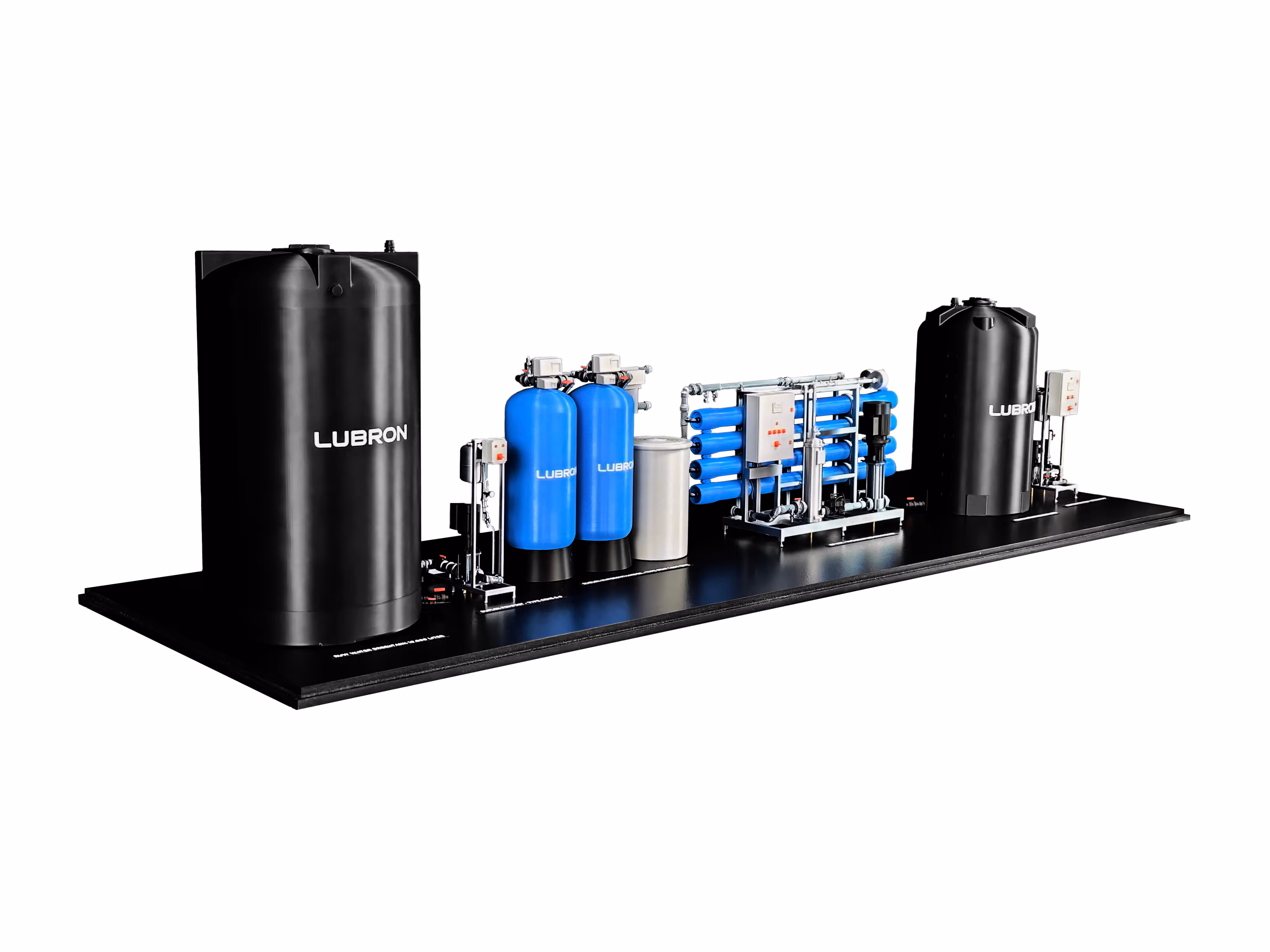 3d geprint schaalmodel van een waterzuiveringsinstallatie met huisstijlkleuren en logo in witte vinyl van Lubron, gemaakt door antistatic bv 