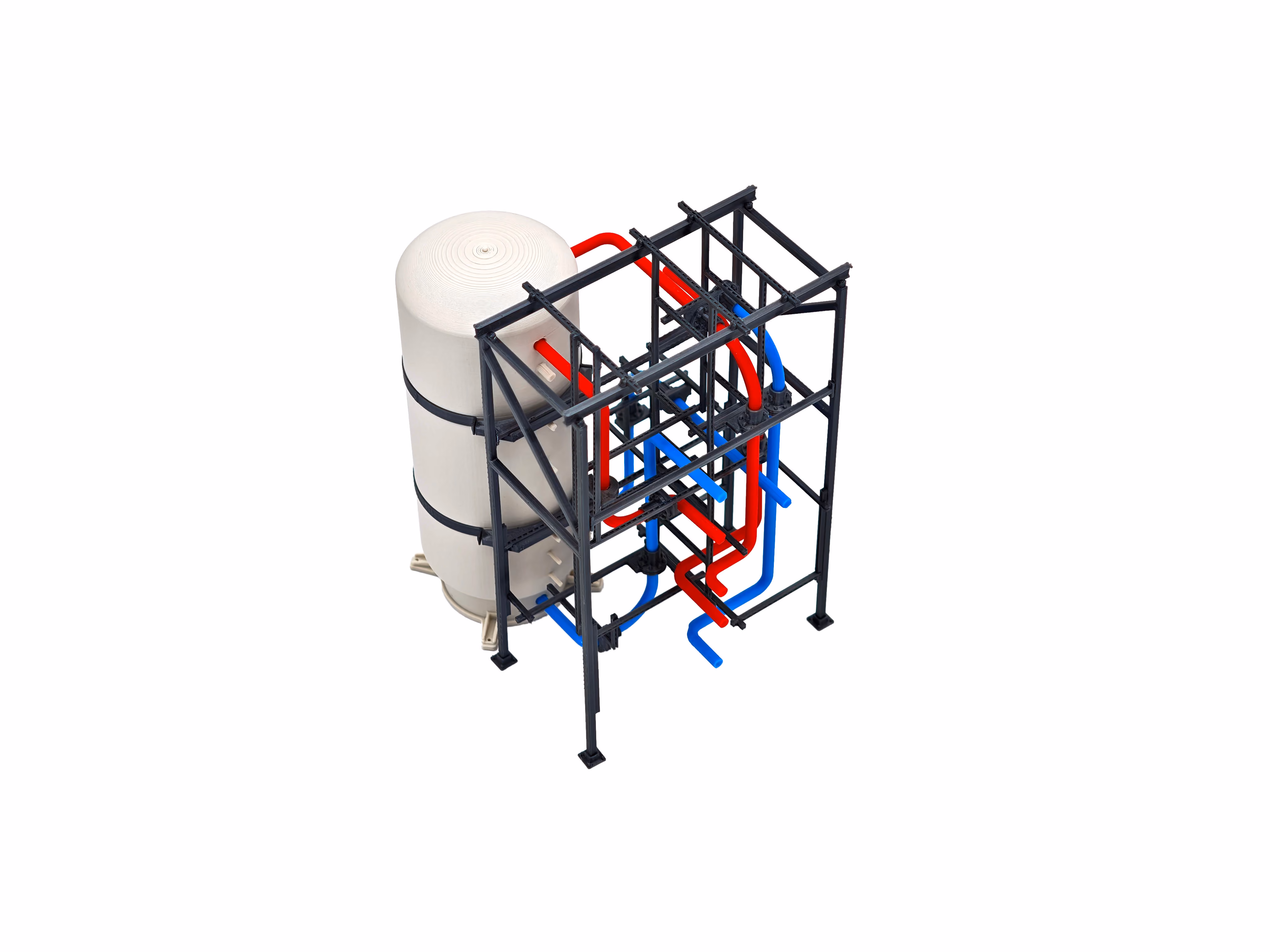 3d geprinte silo met buizen complex doorheen metalen frame. onderdel van een presentatiemodel voor het AI data center van HPE