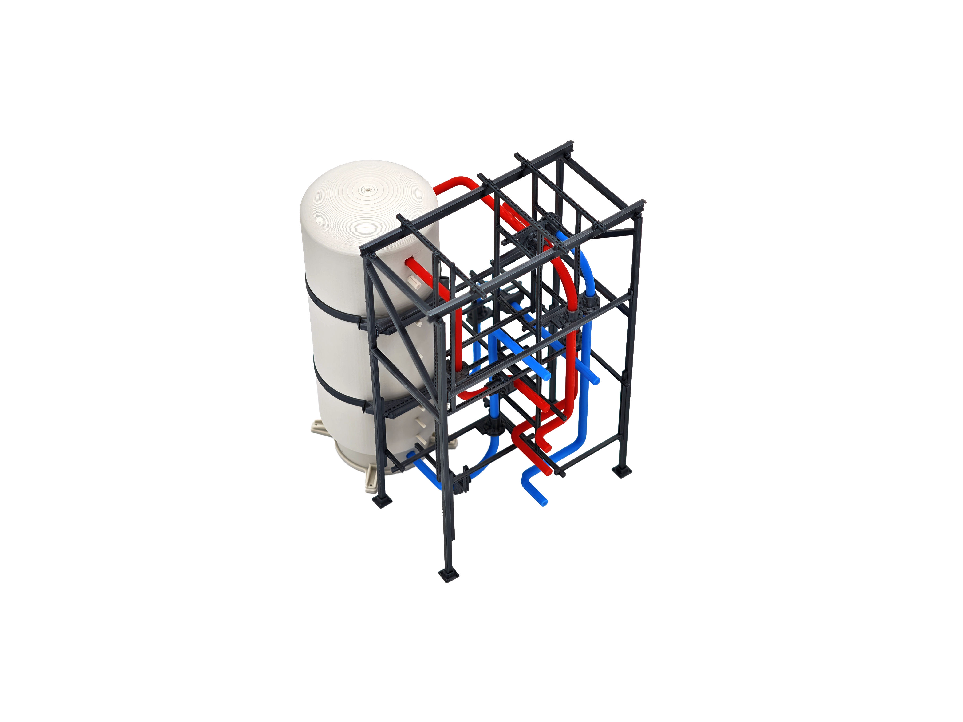 3d geprinte silo met buizen complex doorheen metalen frame. onderdel van een presentatiemodel voor het AI data center van HPE