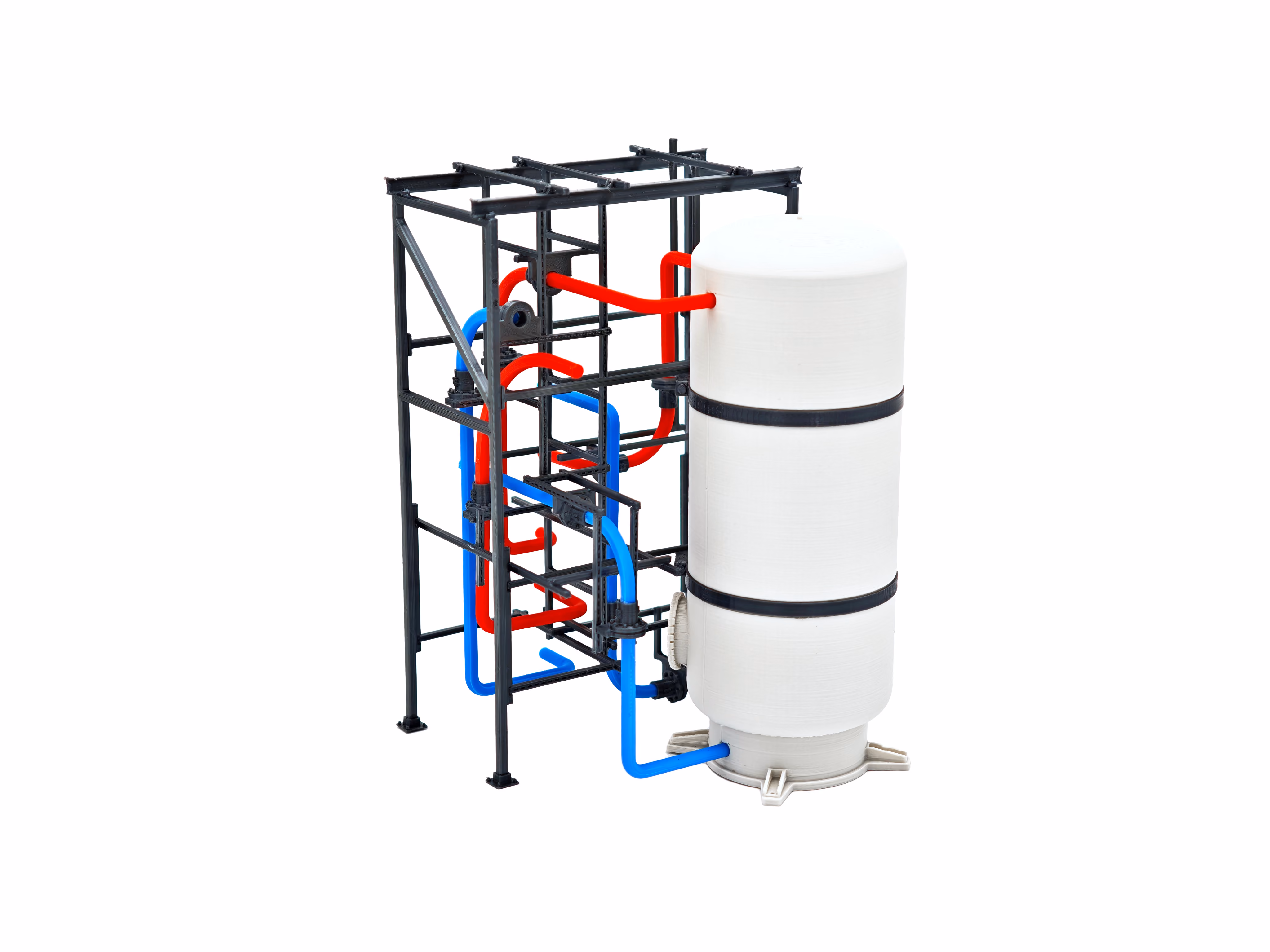 3d geprinte silo met metalen ringen en buizen complex doorheen metalen frame. onderdel van een presentatiemodel voor het AI data center van HPE