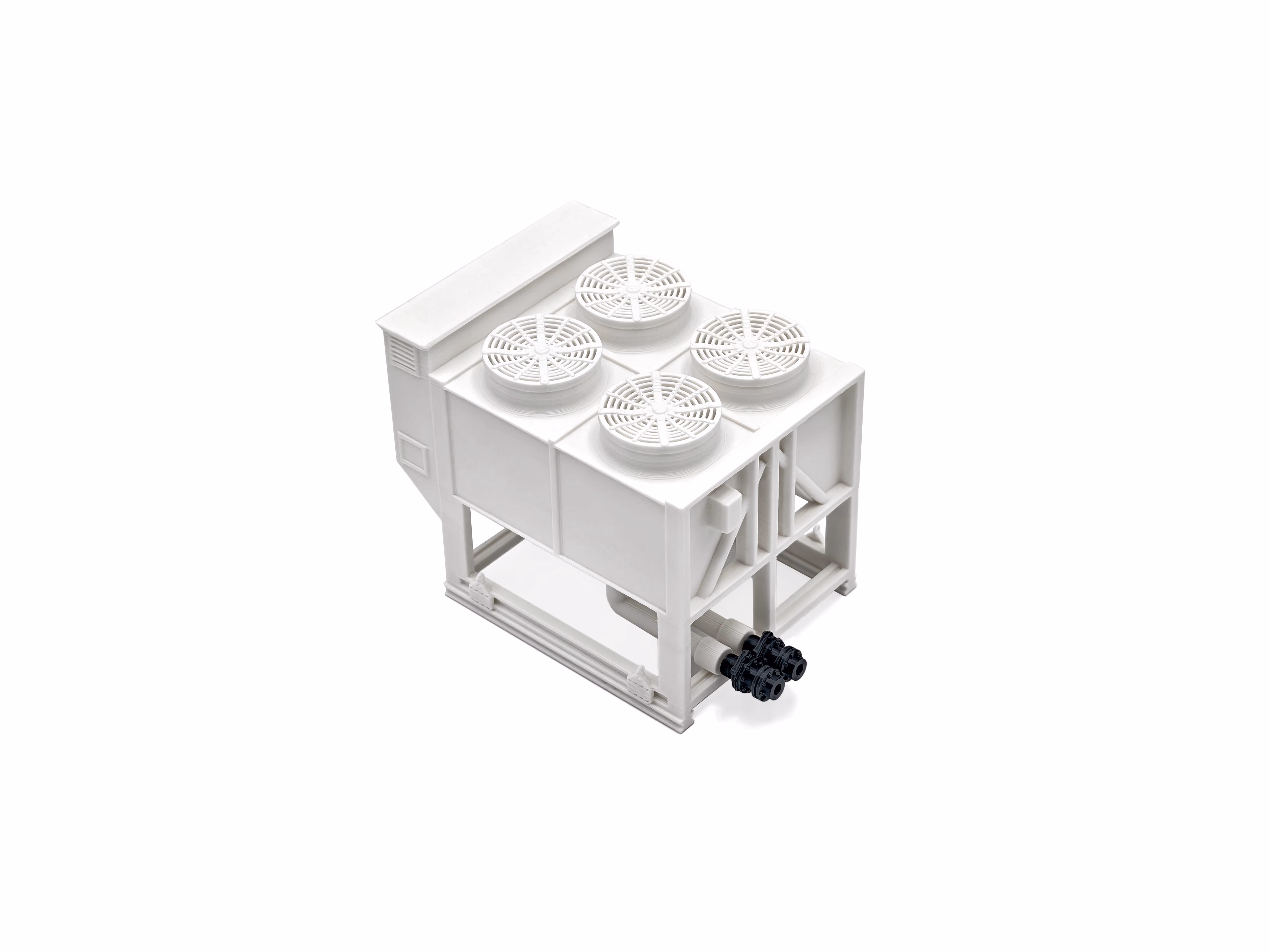 3d geprinte chiller met 4 fans in PLA matte ivory met voetplaatjes en valve in PLA silk voor metalen look. Gebruikt voor beursmodel.gemaakt door antistatic
