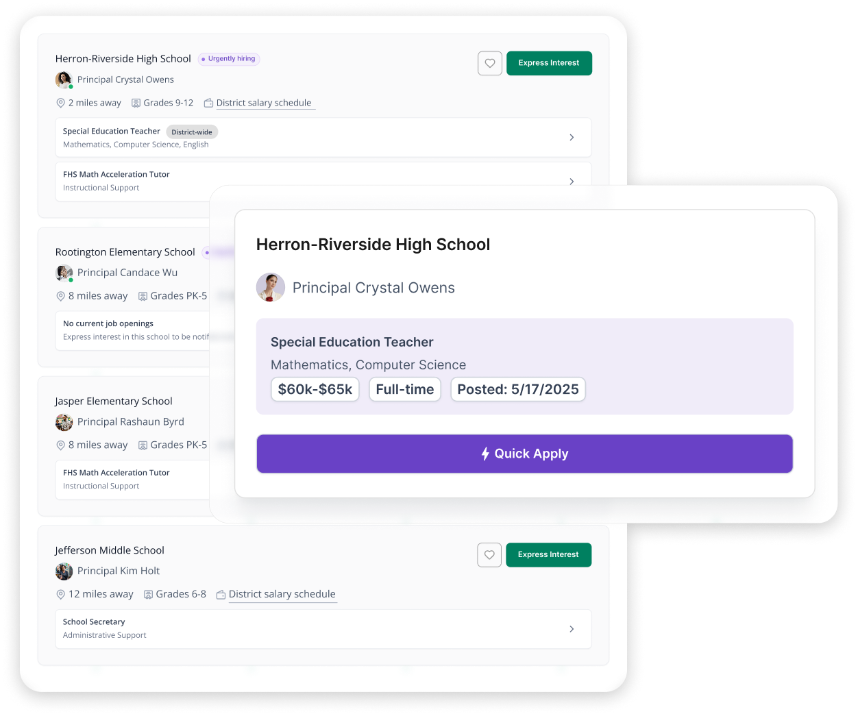 Messaging interface showing a school profile