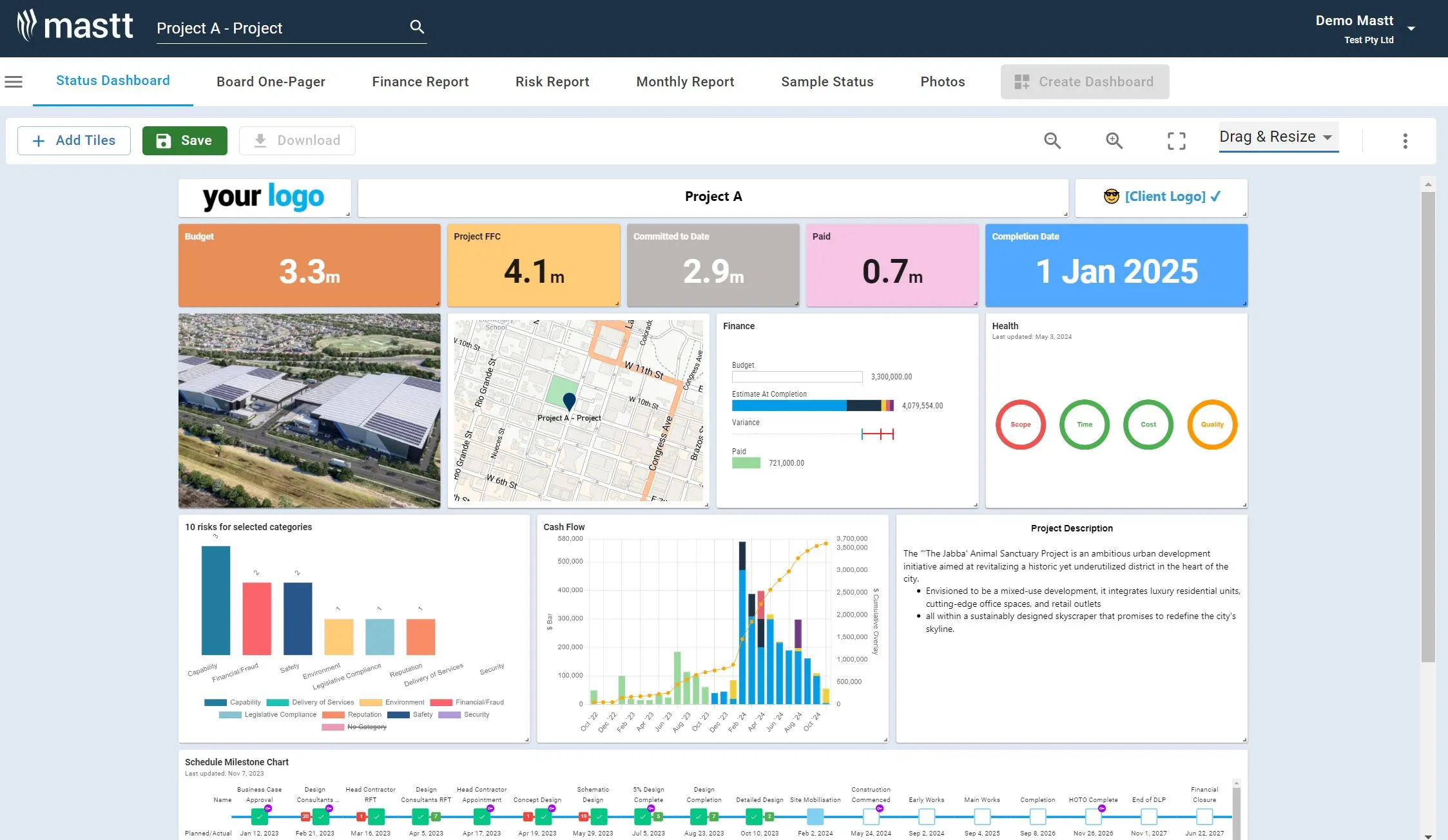 A screenshot of Mastt configurable dashboard showing visualizations including bar charts and donut charts for lump sum contracts