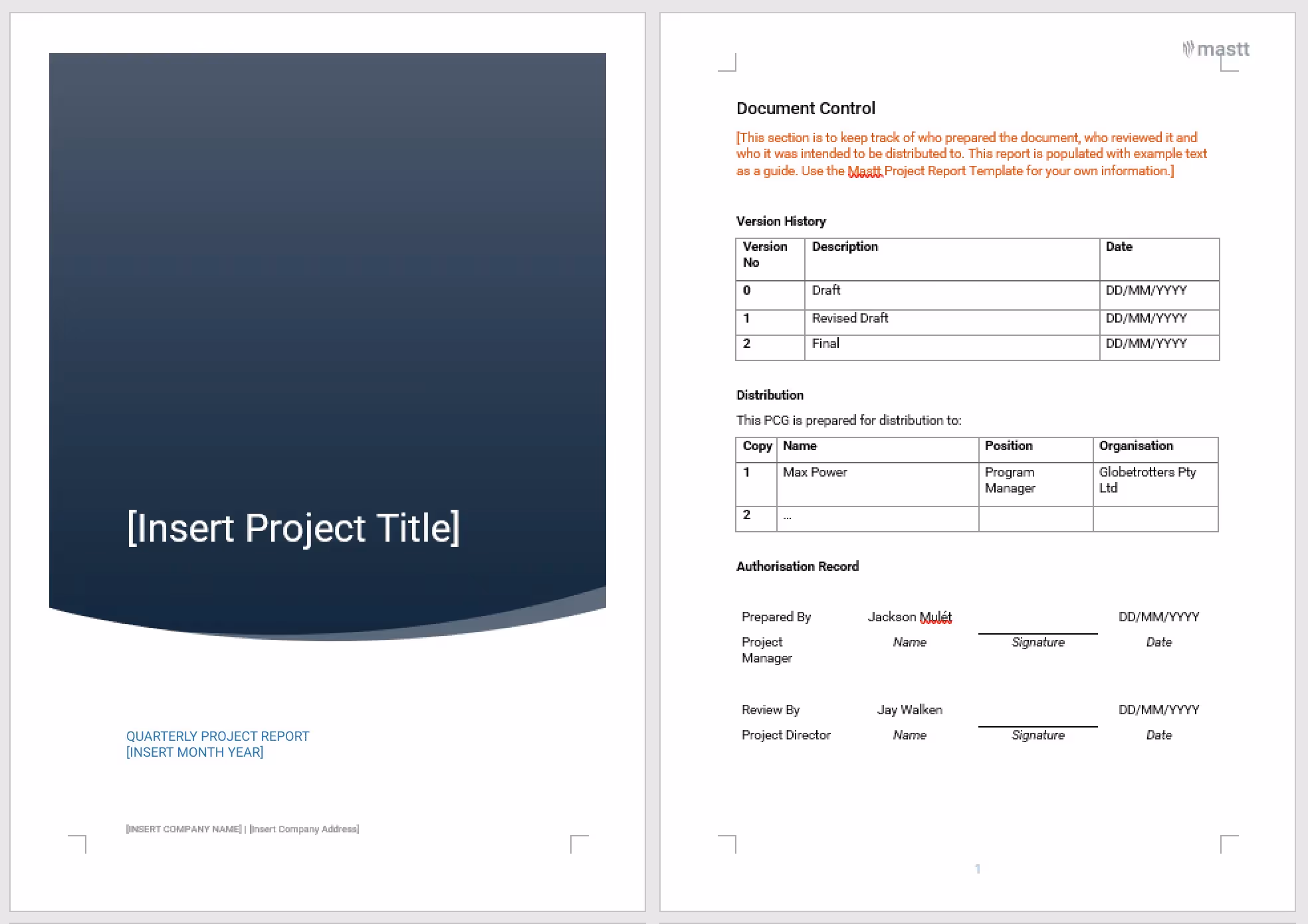 Screenshot of a quarterly status report template from Mastt.