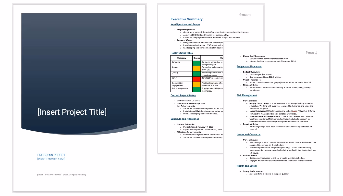 A preview of a downloadable progress report in Mastt.