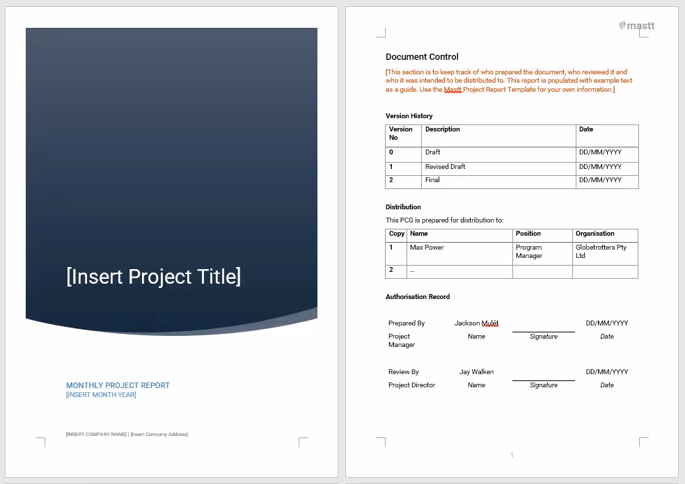 A sample of a monthly report you can download in Mastt.